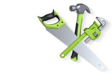 Kesme yolu ile beyaz zemin üzerinde izole edilmiş testere, çekiç ve ingiliz anahtarı da dahil olmak üzere marangoz el aletleri, inşaat ve onarım işleri sembolize