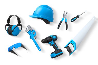 Kask, matkap, kerpeten ve gözlük de dahil olmak üzere çeşitli inşaat ve güvenlik araçları kırpma yolu ile beyaz arka planda izole edilmiş, iş eşyası konsepti
