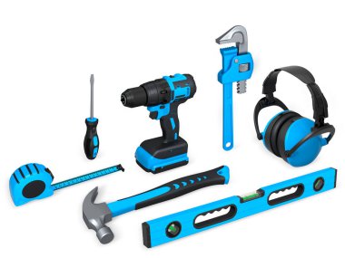 Yapım araçları ve güvenlik ekipmanları kesme yolu olan beyaz arka planda izole edilmiş. İş güvenliği ve inşaat araçları kavramı