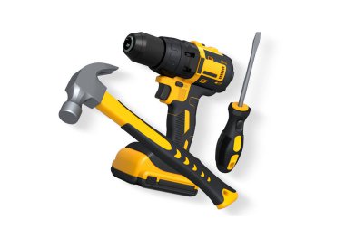 Çekiç, kablosuz matkap ve tornavida kırpma yolu, DIY konsepti, onarım, bakım ve araçlar ile beyaz arkaplan izole