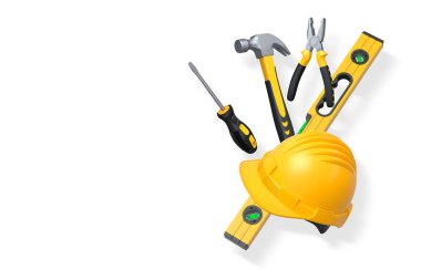 Kerpeten, boru anahtarı, çekiç, miğfer ve tornavida da dahil olmak üzere el aletleri beyaz arka planda kırpma yolu ile izole edilmiş, tamir konsepti