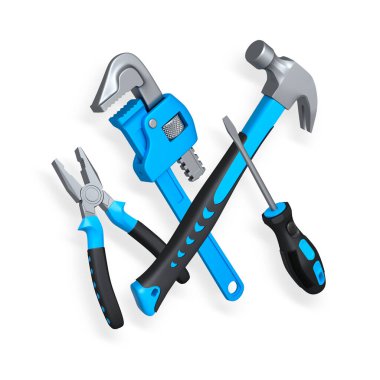 Pense, boru anahtarı, çekiç ve tornavida da dahil olmak üzere el aletleri beyaz arka planda kırpma yolu ile izole edilmiş, tamir konsepti