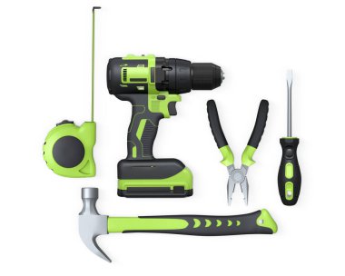 Çekiç, pense, tornavida ve mezura gibi çeşitli inşaat aletleri, kırpma yolu ile beyaz arka planda izole edilmiş, ev onarımı kavramı