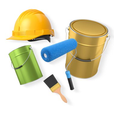 İnşaat miğferi, boya silindiri, fırça ve boya kovası kırpma yolu ile izole edilmiş, boyama ve yenileme araçlarını temsil eden beyaz zemin