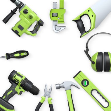 Yapı araçları, miğferler ve güvenlik teçhizatlarının toplanması, kırpma yolu ile beyaz arka planda izole edilmiş, iş güvenliğini sembolize ediyor ve sanayiyi inşa ediyor