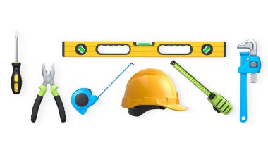 Yapı araçları, miğferler ve güvenlik teçhizatlarının toplanması, kırpma yolu ile beyaz arka planda izole edilmiş, iş güvenliğini sembolize ediyor ve sanayiyi inşa ediyor