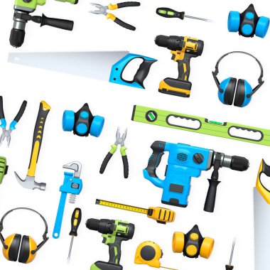 Yapı araçları, miğferler ve güvenlik teçhizatlarının toplanması, kırpma yolu ile beyaz arka planda izole edilmiş, iş güvenliğini sembolize ediyor ve sanayiyi inşa ediyor