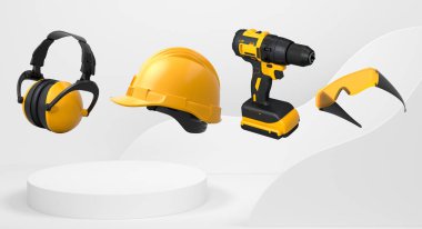 Miğferler, kulaklıklar ve gözlüklerden oluşan koruyucu ekipmanlar tek renkli arka plan, güvenlik önleme giysisi konsepti.