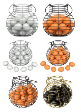 Yumurtalarla dolu kablo sepetleri, beyaz şeffaf arka planda izole edilmiş, mutfak depolama kavramı.