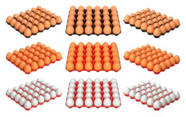 Beyaz şeffaf arka planda izole edilmiş, düzgün istiflenmiş kahverengi ve beyaz yumurtalarla dolu plastik tepsiler. Yumurta çeşitliliği ve gıda endüstrisi kavramı