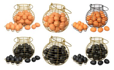Yumurtalarla dolu kablo sepetleri, beyaz şeffaf arka planda izole edilmiş, mutfak depolama kavramı.