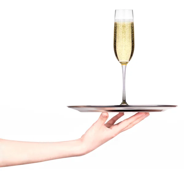 Waitress holding tray with glass of champagne — Stock Photo, Image