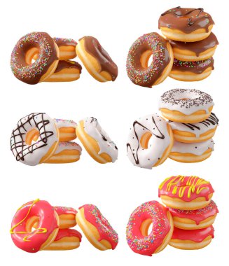 Beyaz şeffaf arka planda renkli kremalı, serpiştirilmiş ve çikolatalı çeşitli çörekler. 3D görüntüleme ve tatlı çeşitliliği