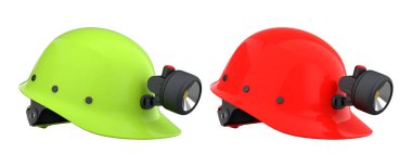 Beyaz arka planda izole edilmiş, güvenlik inşaat ekipmanlarını sembolize eden koruyucu kasklar takılı LED farlar.