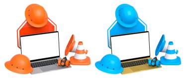 İnşaat miğferleri, koniler ve uyarı işaretleriyle çevrili boş ekranlı dizüstü bilgisayarlar beyaz arkaplanda kırpma yolu ile izole edilmiş, işyeri güvenliğini sembolize ediyor