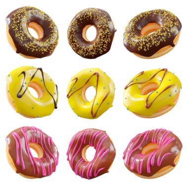 Beyaz şeffaf arka planda renkli kremalı, serpiştirilmiş ve çikolatalı çeşitli çörekler. 3D görüntüleme ve tatlı çeşitliliği