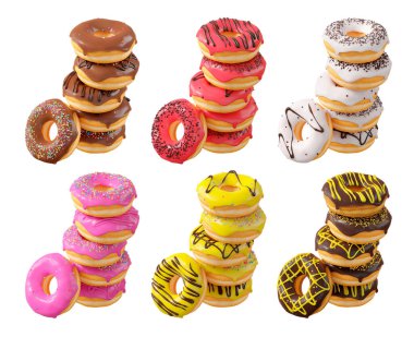 Beyaz şeffaf arka planda renkli kremalı, serpiştirilmiş ve çikolatalı çeşitli çörekler. 3D görüntüleme ve tatlı çeşitliliği