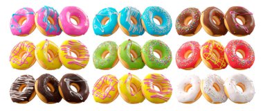 Beyaz şeffaf arka planda renkli kremalı, serpiştirilmiş ve çikolatalı çeşitli çörekler. 3D görüntüleme ve tatlı çeşitliliği