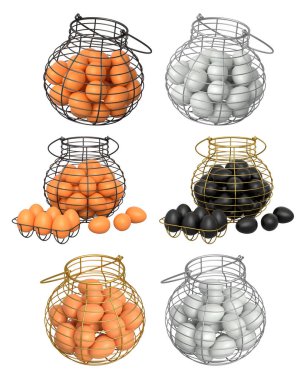 Yumurtalarla dolu kablo sepetleri, beyaz şeffaf arka planda izole edilmiş, mutfak depolama kavramı.