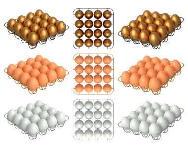 Beyaz şeffaf arka planda izole edilmiş kahverengi, beyaz ve altın yumurtayla dolu metal tepsiler. Yumurta çeşitliliği ve gıda endüstrisi kavramı