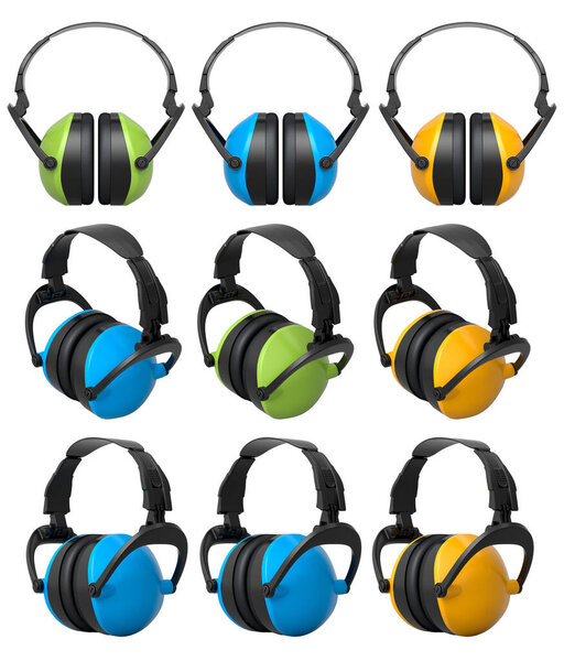 Набор красочных защитных наушников, изолированных на белом фоне с вырезкой дорожки, концепция защиты слуха и строительные инструменты