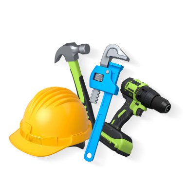 Güvenlik kaskı, çekiç, boru anahtarı ve elektrikli matkap kesme yolu olan beyaz arka planda izole edilmiş. İnşaat araçları ve güvenlik kavramı