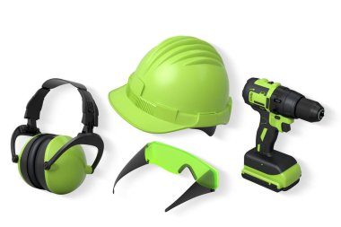 Kask, kulaklık, kablosuz matkap ve gözlük içeren koruyucu ekipmanlar kırpma yolu ile beyaz arka planda izole edilmiş, güvenlik inşaat giysisi konsepti