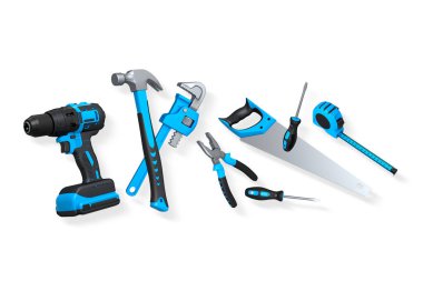 Delme, çekiç, testere ve tornavida gibi çeşitli el aletleri kesme yolu ile beyaz zemin izole edilmiş, DIY ve inşaat temsil