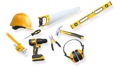 Yapı araçları, miğferler ve güvenlik teçhizatlarının toplanması, kırpma yolu ile beyaz arka planda izole edilmiş, iş güvenliğini sembolize ediyor ve sanayiyi inşa ediyor