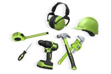 Güvenlik kaskı, çekiç, boru anahtarı ve elektrikli matkap kesme yolu olan beyaz arka planda izole edilmiş. İnşaat araçları ve güvenlik kavramı