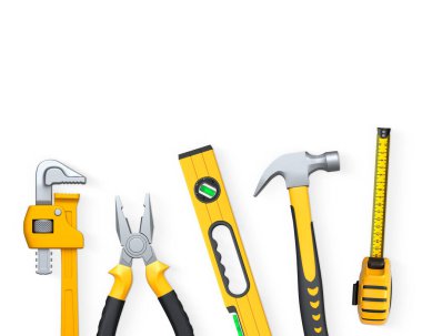 Testere, tornavida, çekiç, ingiliz anahtarı, pense gibi çeşitli el aletleri ve kesme yolu ile beyaz arkaplanda izole edilmiş seviye.