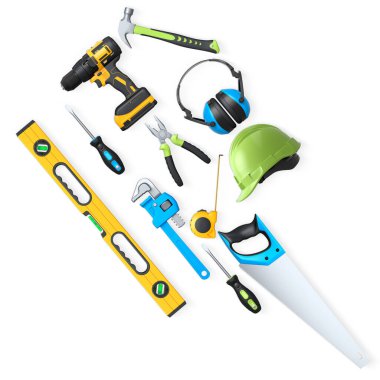 Yapı araçları, miğferler ve güvenlik teçhizatlarının toplanması, kırpma yolu ile beyaz arka planda izole edilmiş, iş güvenliğini sembolize ediyor ve sanayiyi inşa ediyor