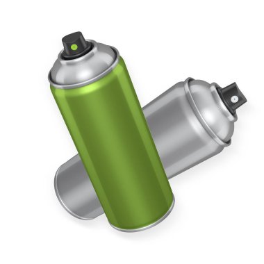 Kırpma yolu, sokak sanatı, boya ve yenileme araçlarıyla beyaz arkaplanda izole edilmiş renkli sprey boya kutuları.