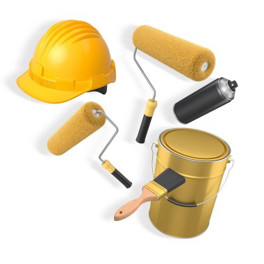 İnşaat miğferi, boya silindiri, fırça ve boya kovası kırpma yolu ile izole edilmiş, boyama ve yenileme araçlarını temsil eden beyaz zemin