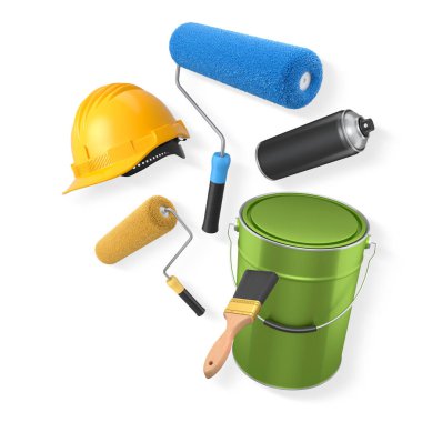 İnşaat miğferi, boya silindiri, fırça ve boya kovası kırpma yolu ile izole edilmiş, boyama ve yenileme araçlarını temsil eden beyaz zemin