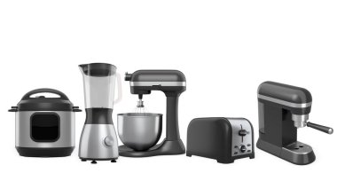 Metalik tarzda modern mutfak aletlerinin toplanması beyaz arka planda izole edilmiş, ev yapımı ekipman gereksinimlerini temsil ediyor.