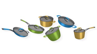 Kapaklı tencere ve tavalar, beyaz arka planda izole edilmiş. Mutfak kullanımı için özel yemek takımı kavramı.