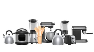 Ahşap çatal bıçaklı mutfak aletleri koleksiyonu, beyaz arka planda izole edilmiş, modern mutfak aletleri..