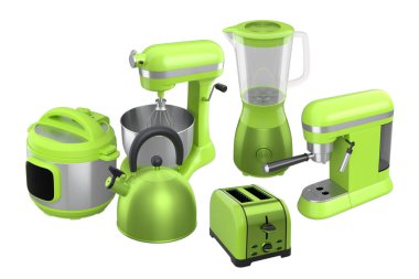 Ekmek kızartma makinesi, blender, mikser, su ısıtıcısı ve beyaz arka planda izole edilmiş fırın gibi mutfak aletleri..