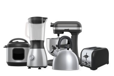 Ekmek kızartma makinesi, blender, mikser, su ısıtıcısı ve beyaz arka planda izole edilmiş fırın gibi mutfak aletleri..