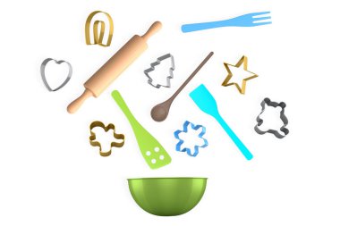 Beyaz arka planda izole edilmiş mutfak gereçleri, kurabiye kalıpları ve karıştırma kabı, ev yapımı hazırlık konsepti..