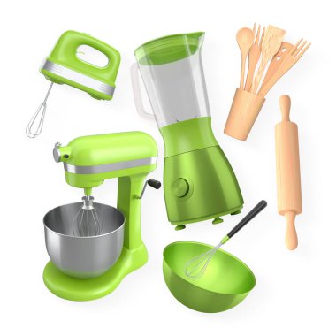 Mutfak aletleri ve mutfak aletleri, karıştırıcı, blender ve ahşap aletler dahil, beyaz arka planda izole edilmiş, pişirme araçları kavramı