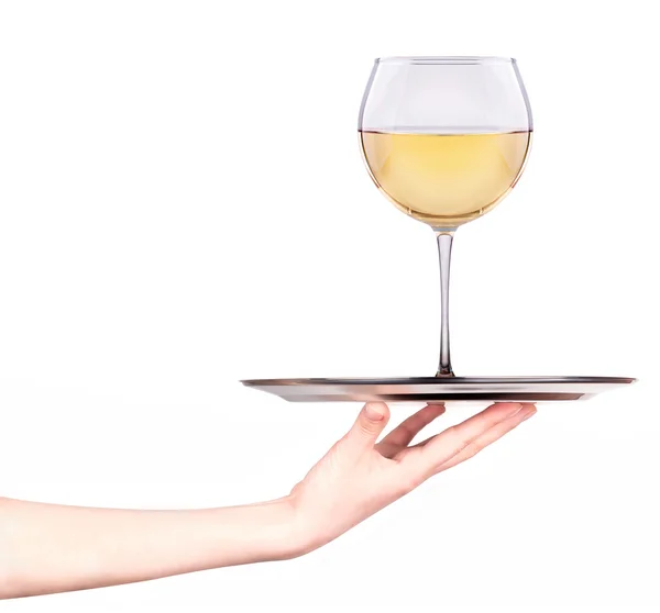 Waitresses holding tray with glass of white wine — Stock Photo, Image