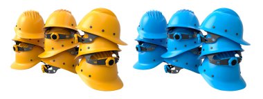 Güvenlik ve sanayi standartlarını sembolize eden, beyaz şeffaf arka plana izole edilmiş bir dizi inşaat kaskı.