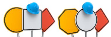 Metal direklerde farklı şekillerde ve renklerde boş trafik işaretleri. İnşaat kaskı beyaz arka planda, kırpma yolu ve yol güvenliği kavramı ile izole edilmiş.