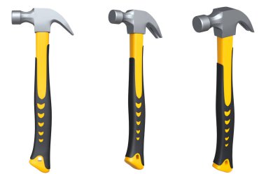 Beyaz arka planda izole edilmiş sarı, yeşil ve mavi kabzalı pençe çekiçleri, inşaat araçları kavramı.