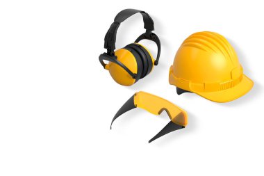 Beyaz arka planda kask, kulaklık ve gözlük içeren koruyucu dişli. Kırpma yolu, güvenlik inşaat giysisi konsepti.