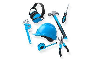 İngiliz anahtarı, çekiç, kerpeten ve miğfer de dahil olmak üzere çeşitli inşaat aletleri kırpma yolu ve inşaat konsepti ile beyaz arka planda izole edilmiş.