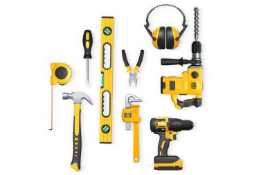 Beyaz arkaplanda kesme yolu ile izole edilmiş matkap, çekiç, bant, ingiliz anahtarı ve kulaklık gibi çeşitli inşaat araçları, DIY kavramı