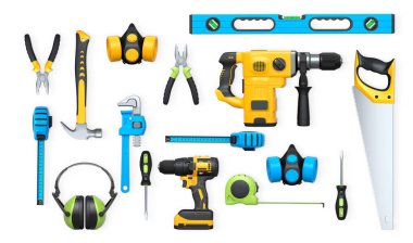 Yapı araçları, miğferler ve güvenlik teçhizatlarının toplanması, kırpma yolu ile beyaz arka planda izole edilmiş, iş güvenliğini sembolize ediyor ve sanayiyi inşa ediyor